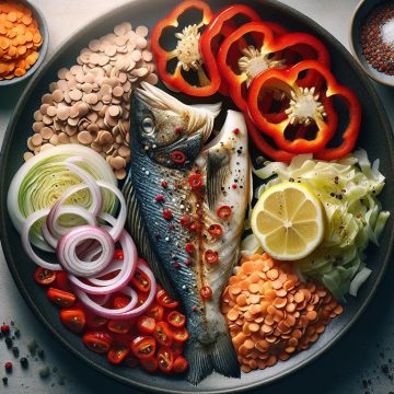 Cabillaud aux Poivrons et Oignons avec Lentilles Corail et Choux Rôti