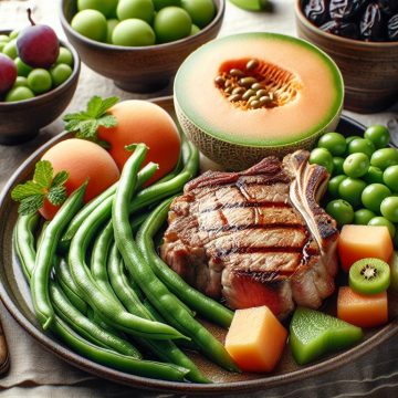 Côte de Veau aux Haricots Verts et Flageolets, accompagnée de Melon et Fruits Frais
