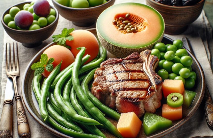 Côte de Veau aux Haricots Verts et Flageolets, accompagnée de Melon et Fruits Frais