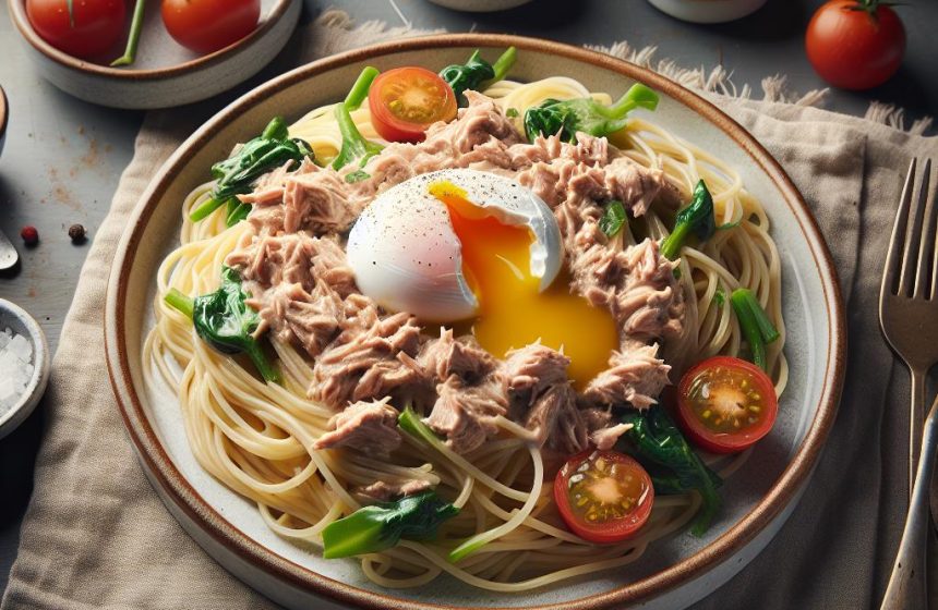 Spaghettis Crémeux au Thon et Œuf Poché