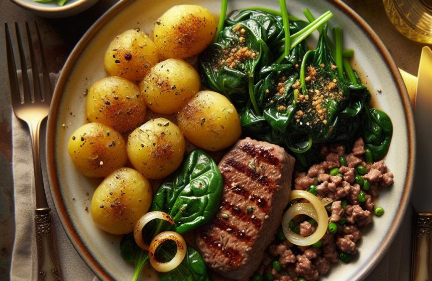 Délice de Pommes de Terre Sautées, Steak Haché et Épinards