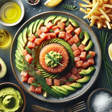 Tartare de Saumon avec Purée d’Avocat et Frites Maison