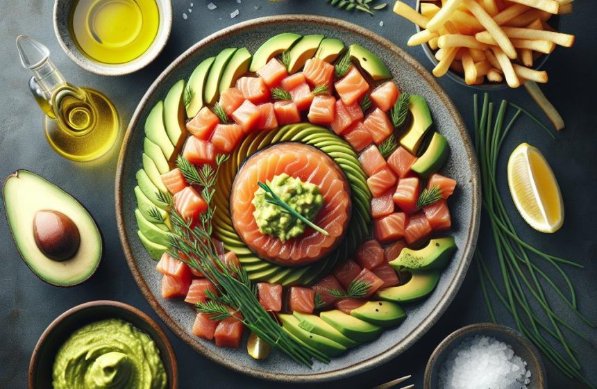 Tartare de Saumon avec Purée d’Avocat et Frites Maison