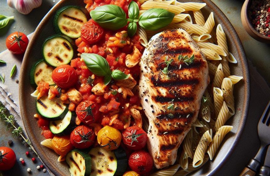 Pâtes Complètes à la Sauce Tomate et Légumes avec Filet de Poulet Grillé
