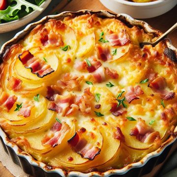 Gratin Savoureux de Pommes de Terre au Fromage et Lardons avec Salade Verte