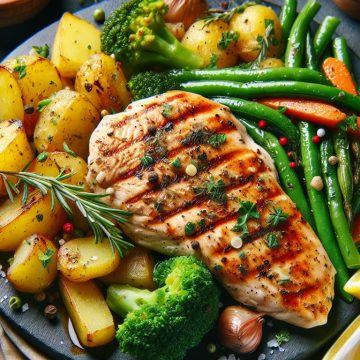 Filet de Poulet Grillé avec Pommes de Terre Sautées et Légumes Variés