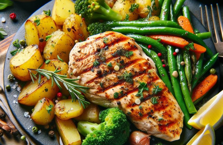 Filet de Poulet Grillé avec Pommes de Terre Sautées et Légumes Variés