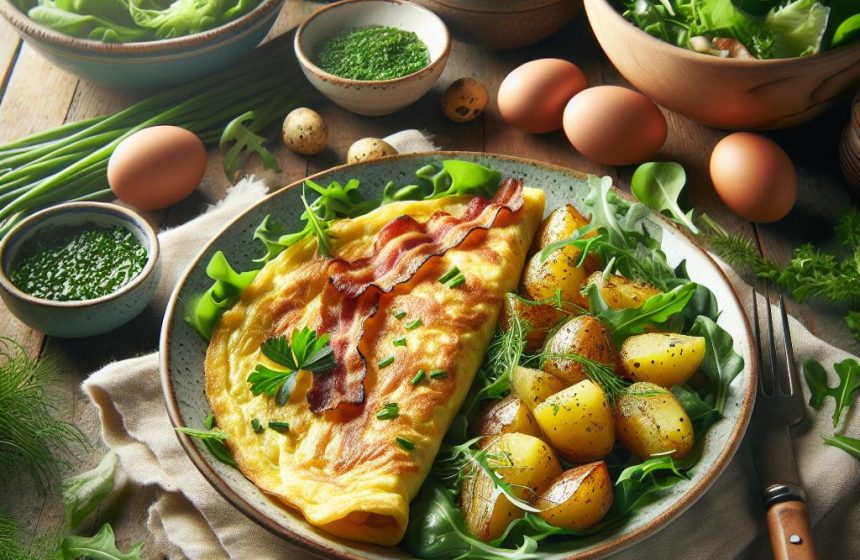 Omelette Savoureuse aux Pommes de Terre, Lardons et Salade Verte