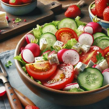 Salade Fraîcheur aux Tomates, Radis et Concombres avec Fromage Blanc et Fraises