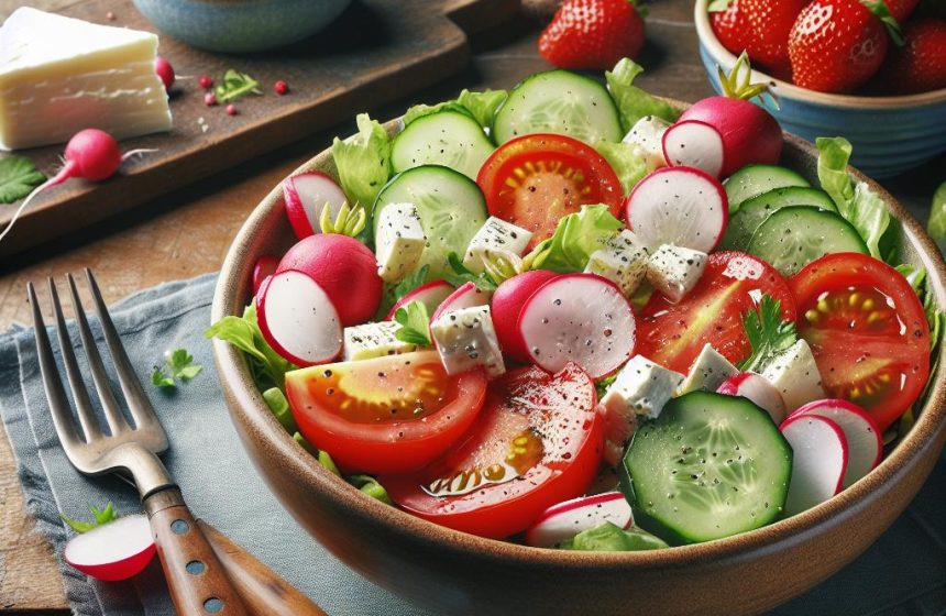 Salade Fraîcheur aux Tomates, Radis et Concombres avec Fromage Blanc et Fraises