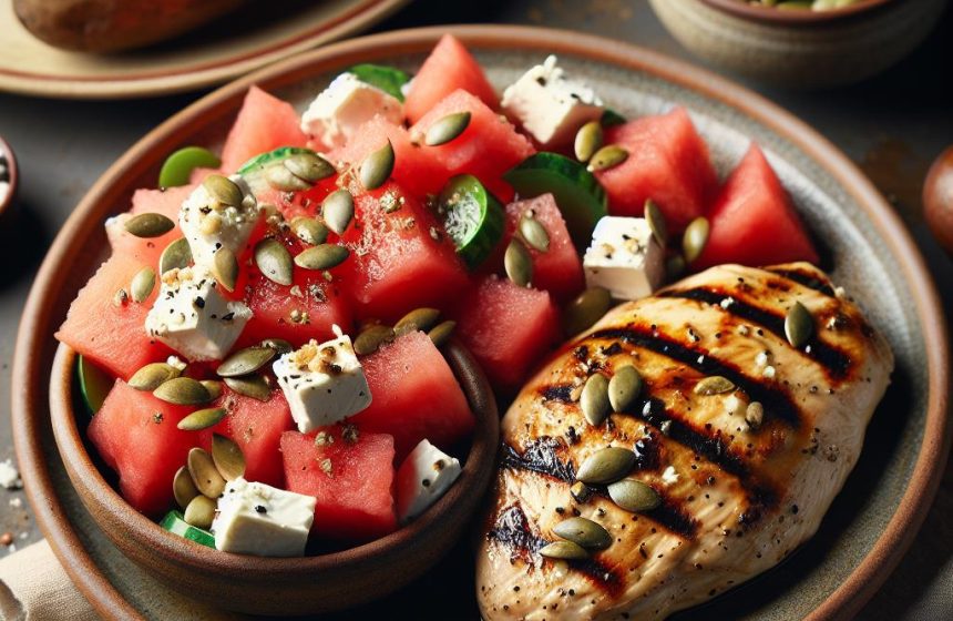 Filet de Poulet Grillé avec Salade de Pastèque et Fêta