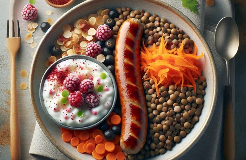 Saucisse aux Lentilles et Carottes Accompagnée de Skyr aux Fruits Rouges