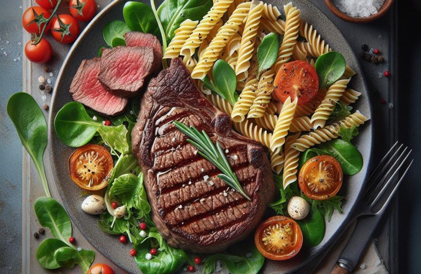 Pavé de Bœuf Gourmand avec Pâtes et Salade Fraîche