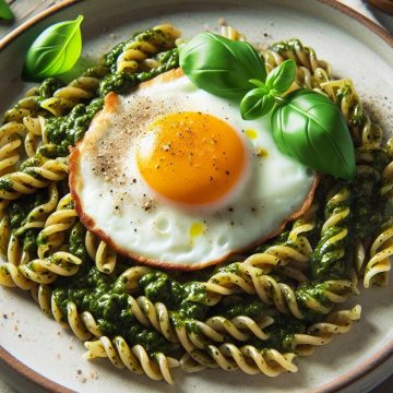Oeuf au Plat sur Lit de Pâtes Complètes au Pesto
