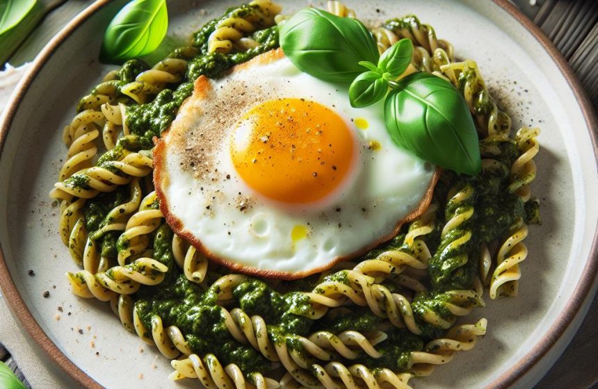 Oeuf au Plat sur Lit de Pâtes Complètes au Pesto