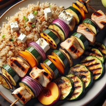 Brochette de Dinde et Légumes Grillés avec Riz et Fromage de Chèvre