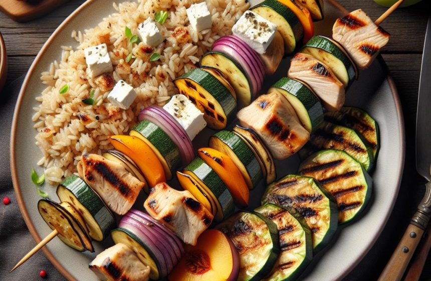 Brochette de Dinde et Légumes Grillés avec Riz et Fromage de Chèvre