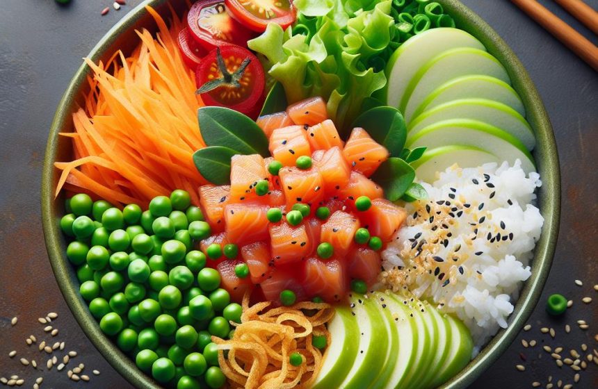 Poke Bowl Coloré au Saumon et Pommes Vertes