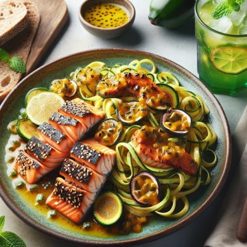Tataki de Saumon aux Graines de Sésame et Tagliatelles de Courgette Sauce Passion