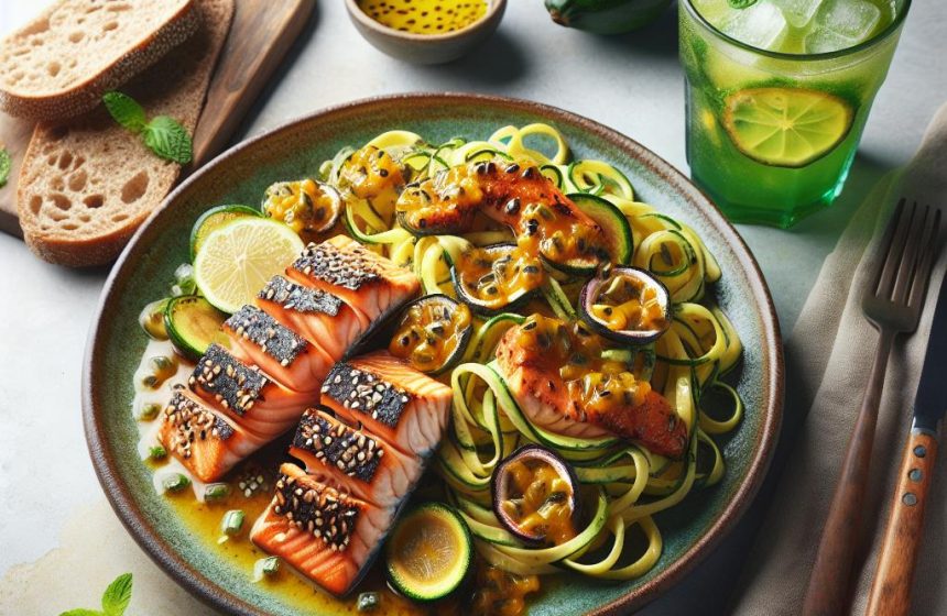 Tataki de Saumon aux Graines de Sésame et Tagliatelles de Courgette Sauce Passion