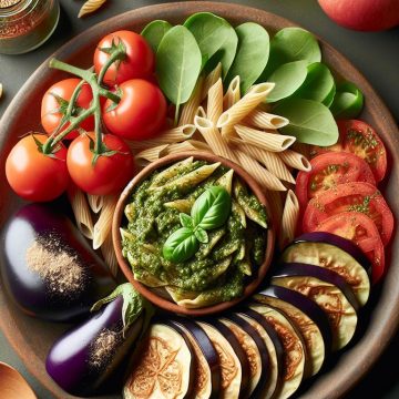 Pâtes Complètes au Pesto avec Aubergines et Tomates, suivies d’une Pomme