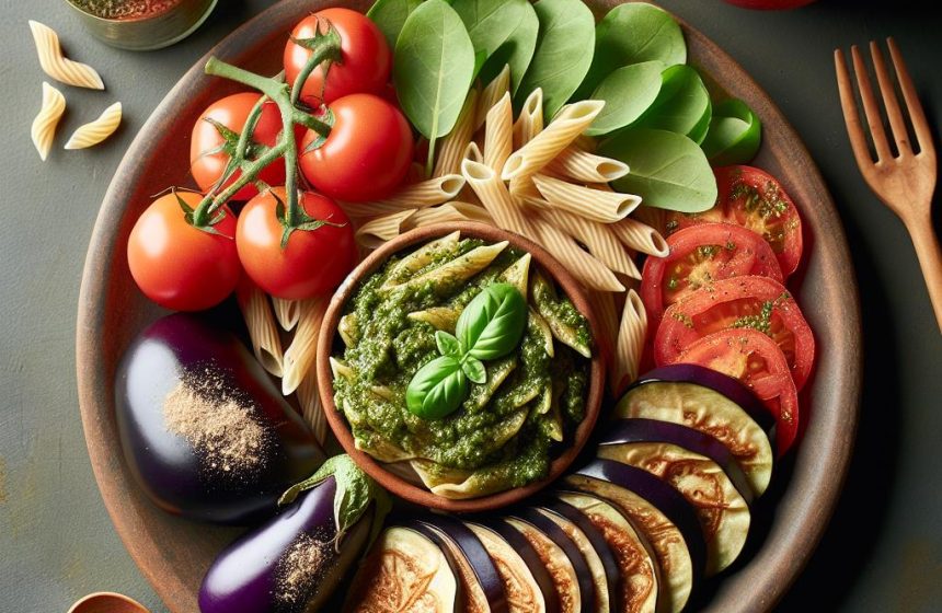 Pâtes Complètes au Pesto avec Aubergines et Tomates, suivies d’une Pomme