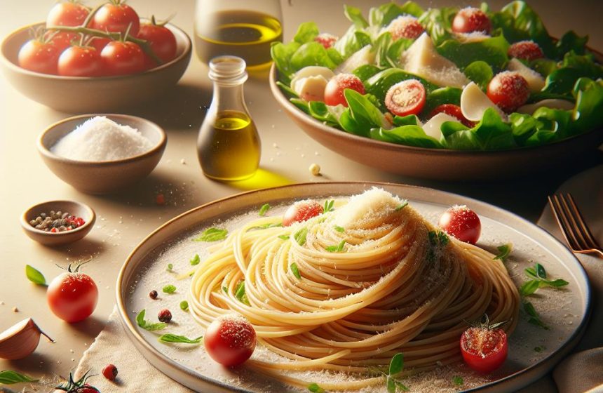 Spaghetti au Parmesan et Salade Verte aux Tomates