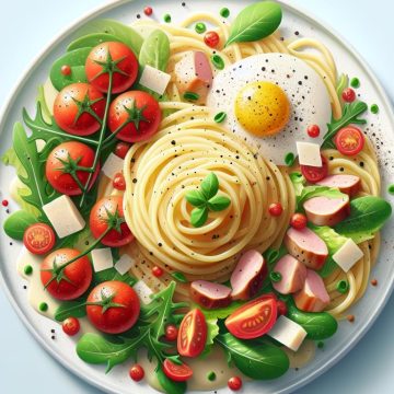 Spaghetti Carbonara avec Parmesan et Salade Verte aux Tomates