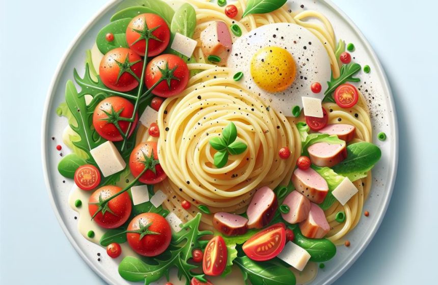 Spaghetti Carbonara avec Parmesan et Salade Verte aux Tomates