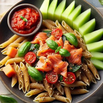 Pâtes Complètes au Saumon Fumé et Coulis de Tomate avec Melon