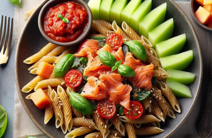 Pâtes Complètes au Saumon Fumé et Coulis de Tomate avec Melon