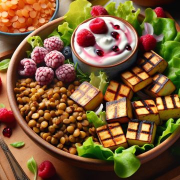 Salade de Tofu Grillé et Lentilles avec Yaourt aux Framboises