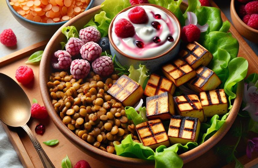 Salade de Tofu Grillé et Lentilles avec Yaourt aux Framboises