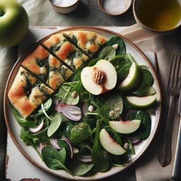 Focaccia aux Herbes et Salade Verte avec Pêche Blanche