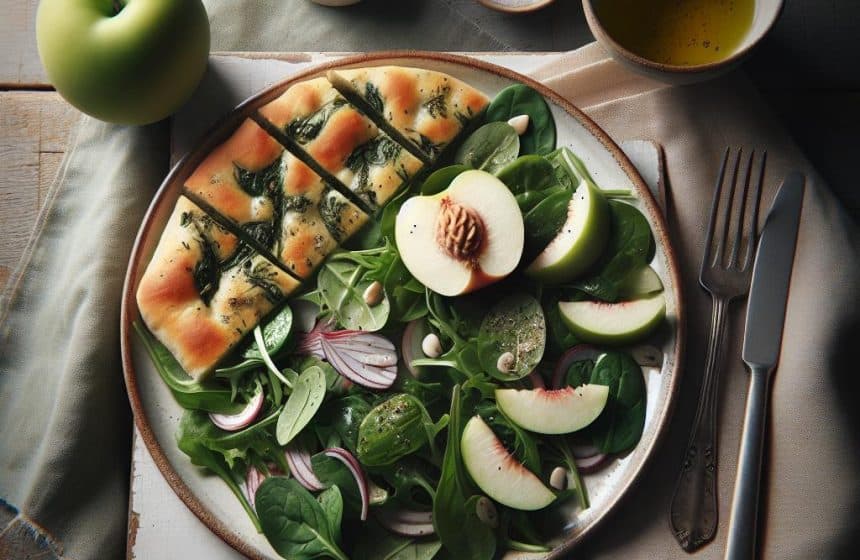 Focaccia aux Herbes et Salade Verte avec Pêche Blanche