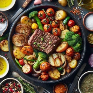 Poêlée Gourmande de Pommes de Terre, Viande et Légumes Grillés