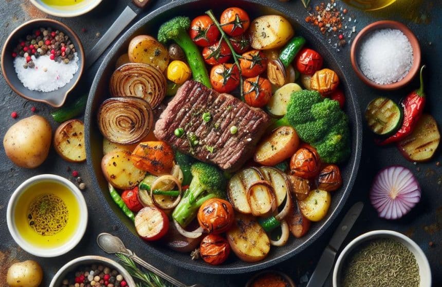 Poêlée Gourmande de Pommes de Terre, Viande et Légumes Grillés