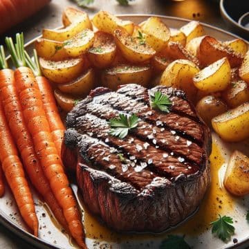 Steak Grillé avec Carottes Croquantes et Pommes Duchesse