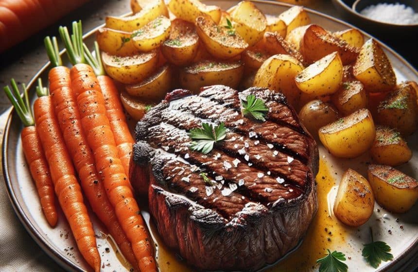 Steak Grillé avec Carottes Croquantes et Pommes Duchesse