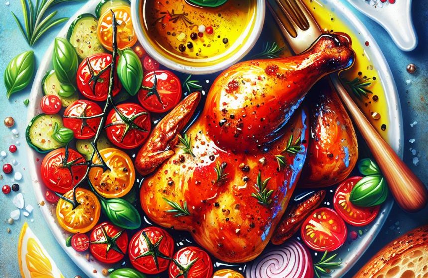 Poulet Rôti avec Salade de Tomates Fraîches et Pain Complet