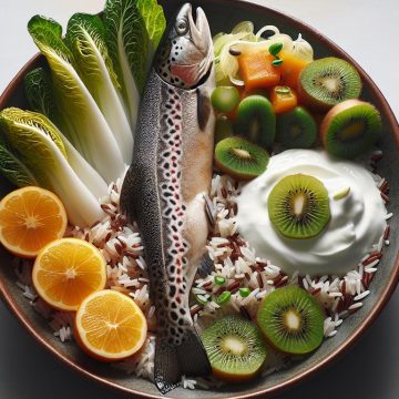 Filet de Truite sur Riz Basmati avec Endives Braisées, Yaourt et Kiwi