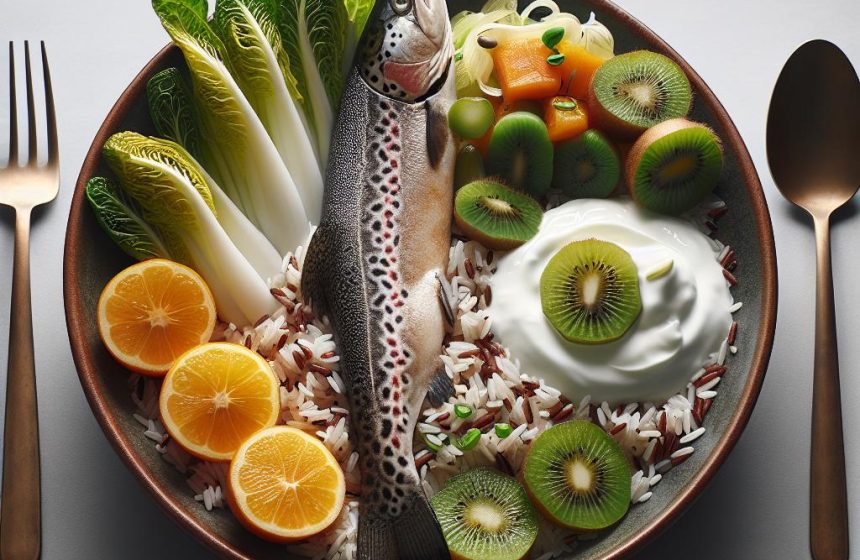 Filet de Truite sur Riz Basmati avec Endives Braisées, Yaourt et Kiwi
