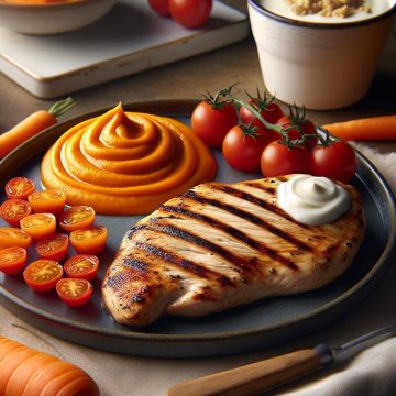 Escalope de Poulet Grillé avec Purée de Carottes et Tomates Cerises
