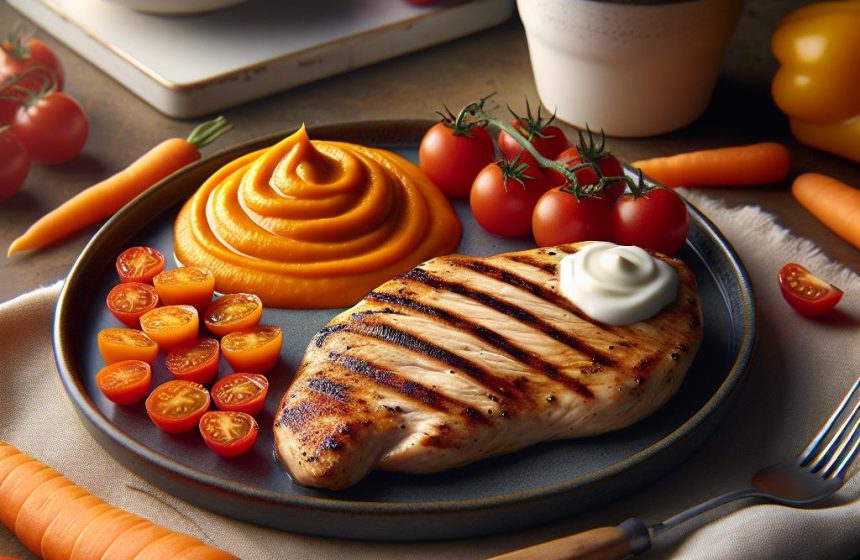 Escalope de Poulet Grillé avec Purée de Carottes et Tomates Cerises