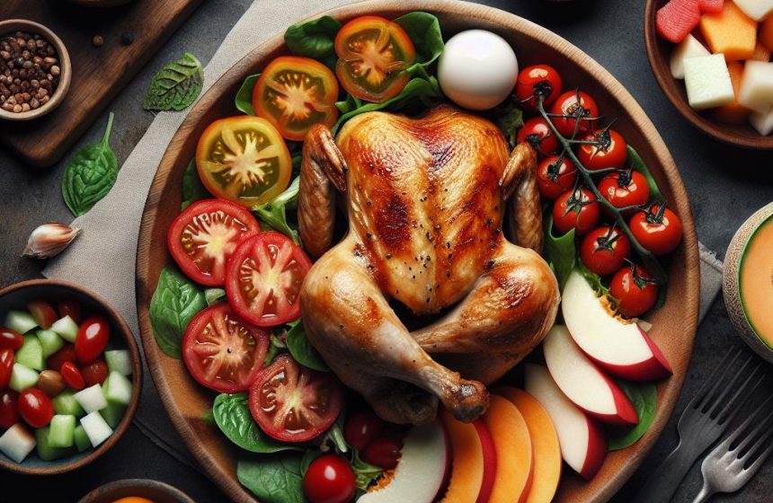 Poulet Rôti avec Salade de Tomates et Fruits Frais