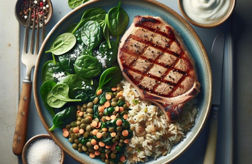 Côte de Porc Savoureuse avec Mélange de Riz, Épinards et Lentilles