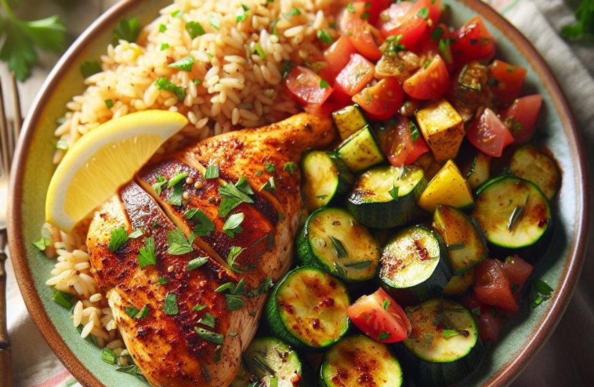 Poulet Grillé aux Épices avec Riz et Légumes Méditerranéens