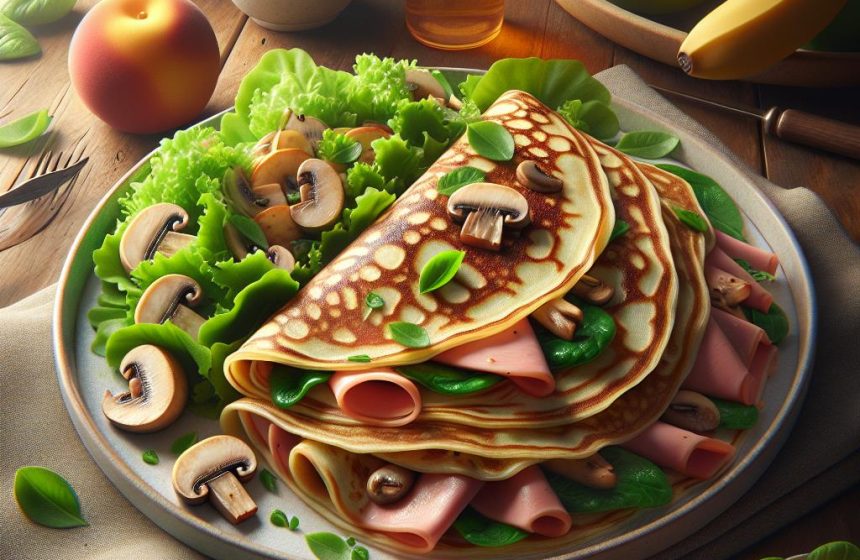 Crêpes Gourmandes au Jambon et Champignons avec Salade Verte