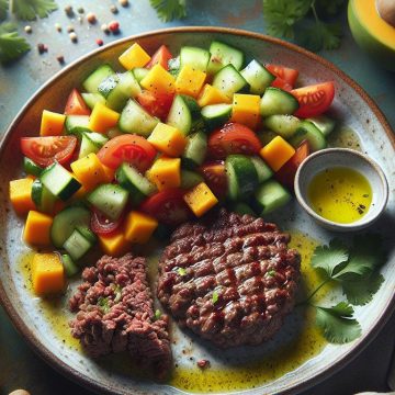 Steak Haché avec Salade de Mangue, Tomate et Concombre