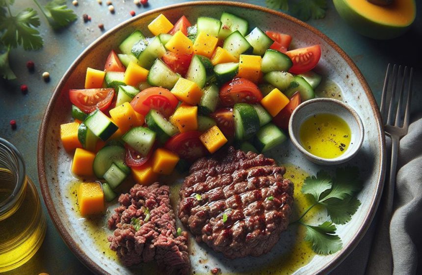 Steak Haché avec Salade de Mangue, Tomate et Concombre
